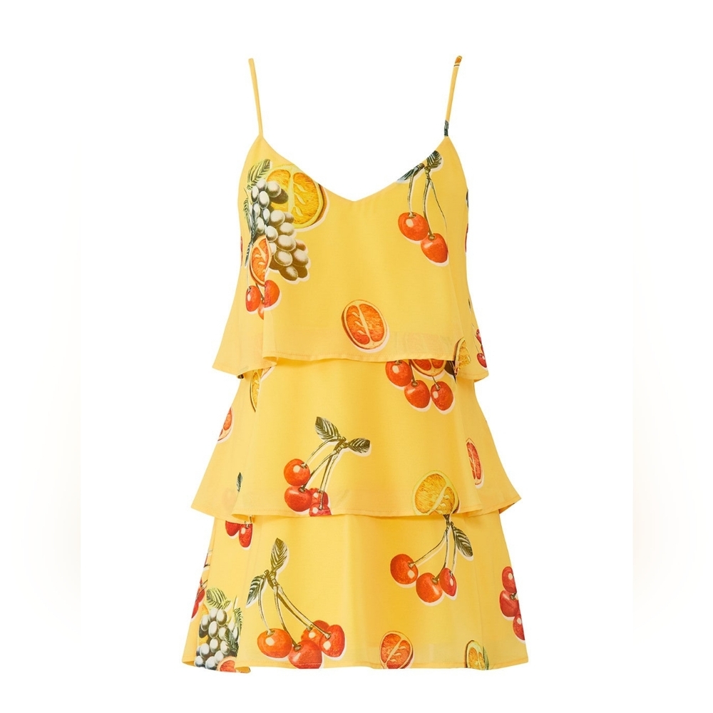 016 SHOW ME YOUR MUMU SUAREZ RUFFLE DRESS Yellow Fruit Print Layered Dress - Picture 8 of 12